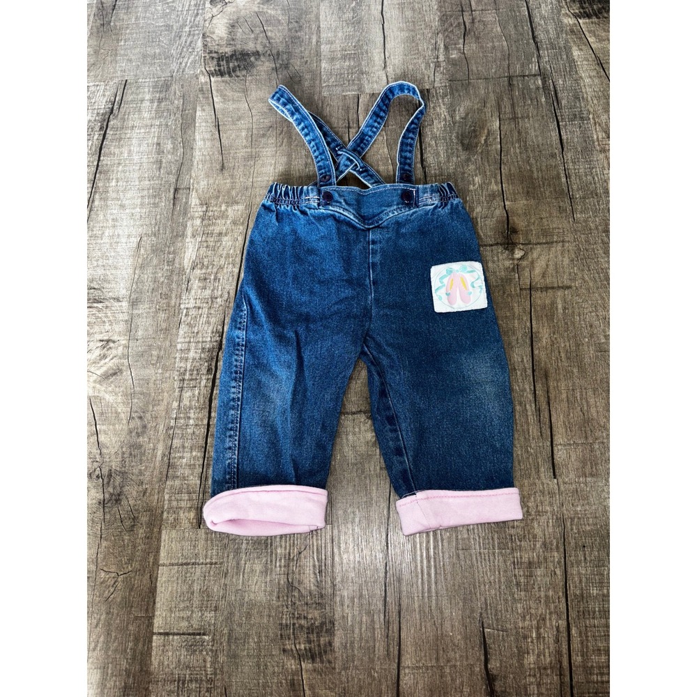Vintage Tot Trends Baby Girls Denim Overalls Pink Ballet Slippers Lined 12M